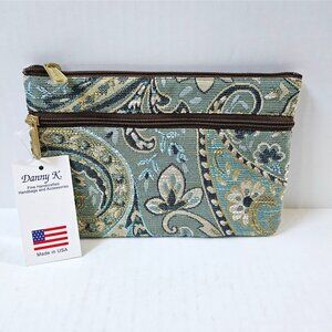 Danny K Zippered Pouch Tapestry Fabric Double Zipper Turquoise Brown Gold NEW